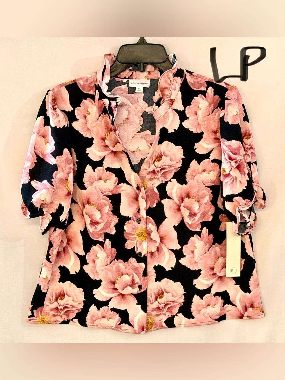 Chico's Pink Floral Button-Front Blouse on Black